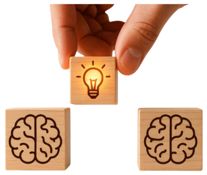 Hand placing lightbulb cube connecting two brain cubes symbolizing idea generation and thought process isolated on a transparent background