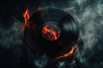 Vibrant photo of burning vinyl record with flames and smoke on a dark background