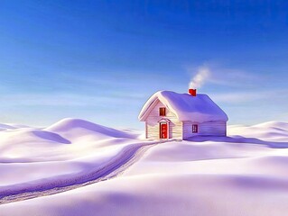 A quaint, snow-covered house sits in a vast, peaceful winter landscape, with a path leading to its red door and smoke gently puffing from its chimney.