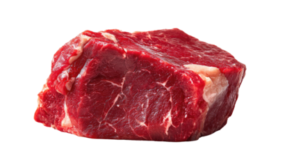 Raw, red beef chuck, textured and marbled, against black