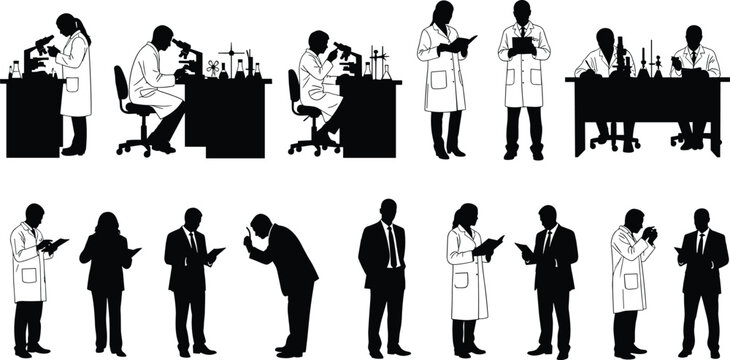 Set of vector silhouettes featuring scientists in lab coats working with microscopes and business professionals in suits standing isolated on white background for corporate design.