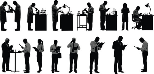 Set of vector silhouettes featuring scientists working in research laboratory with microscopes and business professionals holding documents isolated on white background for corporate design.
