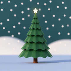 Christmas tree geometric design in snowy landscape with falling snowflakes and glowing star