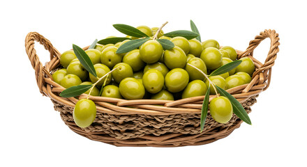Abundant harvest of vibrant green olives nestled in a rustic wicker basket, embodying fresh Mediterranean flavors and healthy, natural ingredients for culinary delight
