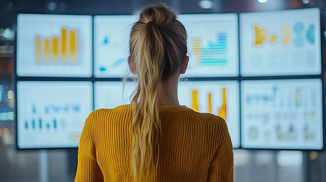Woman viewing multiple screens displaying charts and graphs in a modern office setting analysis analytics