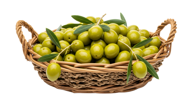 Abundant harvest of vibrant green olives nestled in a rustic wicker basket, embodying fresh Mediterranean flavors and healthy, natural ingredients for culinary delight