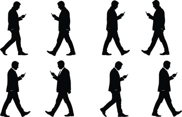 Silhouette of a businessman walking and looking at his mobile phone, isolated on white background, set of different movement phases for animation or design