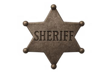Old metal sheriff badge with star shape representing wild west law enforcement, authority, and justice on transparent background