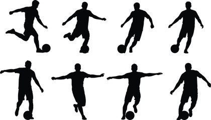 Soccer player silhouette set, black football sportsman vector collection, isolated athlete kicking ball icons for sport logo design, active man running with ball illustration.