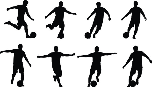 Soccer player silhouette set, black football sportsman vector collection, isolated athlete kicking ball icons for sport logo design, active man running with ball illustration.