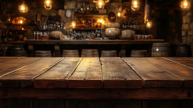 Rustic wooden table in front of a blurred bar with barrels and bottles under warm lighting ambiance
