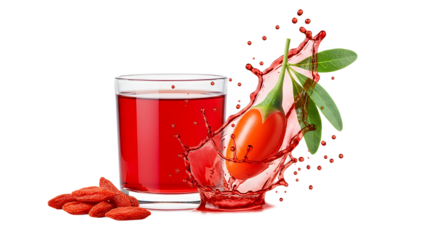 Vibrant goji berry juice in a clear glass with a dynamic splash of fresh, ripe berries, emphasizing healthy and natural superfood drink properties