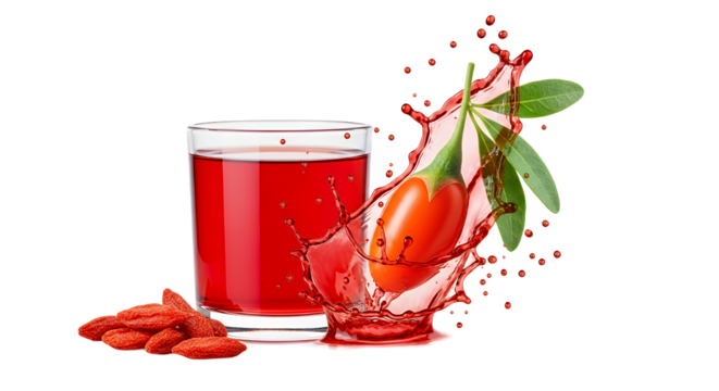 Vibrant goji berry juice in a clear glass with a dynamic splash of fresh, ripe berries, emphasizing healthy and natural superfood drink properties