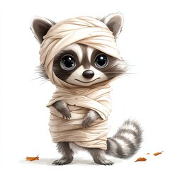 Cute raccoon wrapped in bandages, playful and curious.