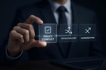 Businessman interacting with policy conflict resolution interface