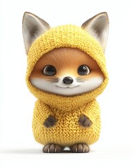 Cute fox wearing a yellow knitted hoodie.