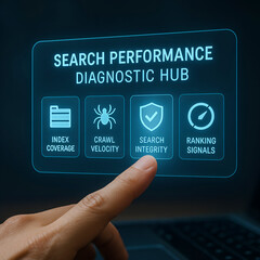 Finger touching search performance diagnostic hub interface on laptop