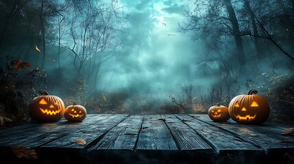 Jack o lanterns on a wooden platform in a foggy forest at night with birds flying above the trees