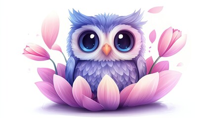 Cute owl surrounded by pink flowers.