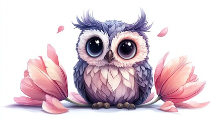 Cute owl surrounded by beautiful flowers.