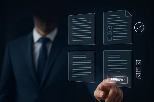 Man approves documents on a digital interface with checkmarks