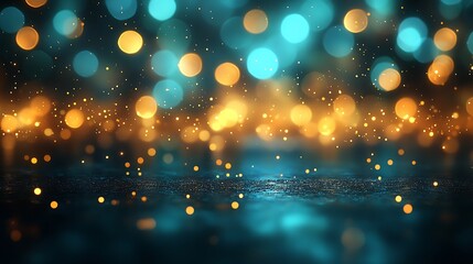 Abstract background with blurred lights of gold and blue creating a bokeh effect scene look