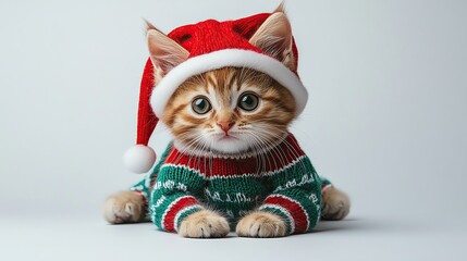 Festive kitten wearing Christmas sweater and hat.