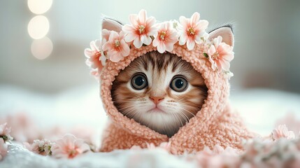 Cute kitten wearing a flower crown, adorable pose.