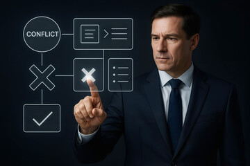 Businessman analyzing conflict resolution on a digital interface