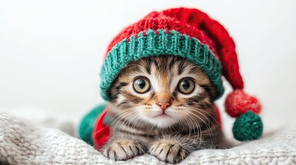 Cute kitten wearing a festive Christmas hat.