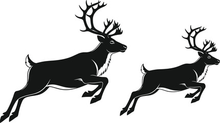 Two black reindeer silhouettes jumping with large antlers isolated on white background for Christmas holiday decoration and wildlife nature vector illustration design graphic art.