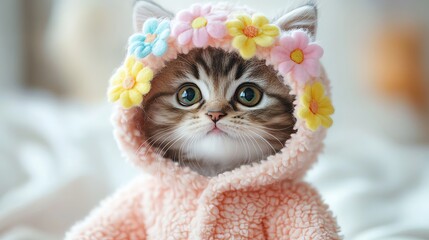 Cute kitten in a floral hoodie looking adorable.