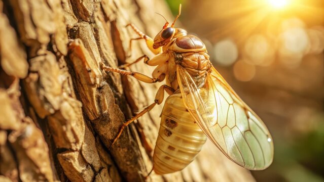 Molting cicadas fragile skin glistens on tree bark as it releases its old shell
