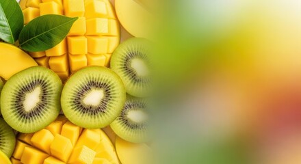 Tropical fruit arrangement featuring mango and kiwi slices in vibrant colors