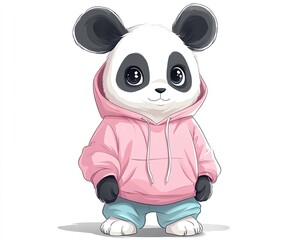 Cute cartoon panda wearing a hoodie and shorts.