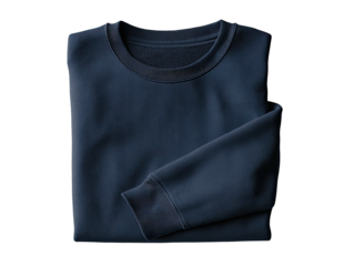 Folded navy sweatshirt, visible neckline and one sleeve