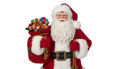 Santa Claus Figurine Holding Gift Sack Isolated on transparent Background