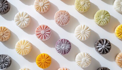 An overhead view of an array of colorful, intricately patterned mooncakes or traditional Asian pastries arranged on a white surface.