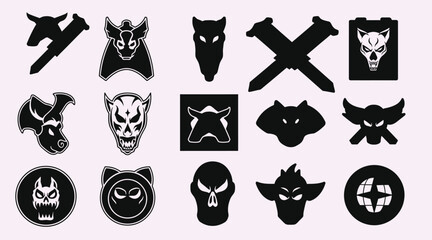 Epic dark creature icons and mythical monster silhouettes for fantasy design projects, featuring bold graphic shapes, dramatic shadows, and powerful symbolic artwork ideal for branding, gaming.