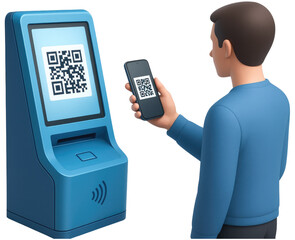Man Using Smartphone to Scan QR Code on a Kiosk mobile scanning isolated on a transparent background