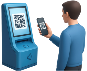 Man Using Smartphone to Scan QR Code on a Kiosk mobile scanning isolated on a transparent background