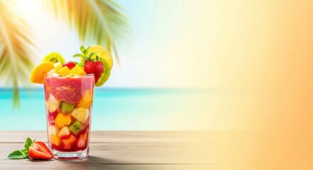 Tropical fruit smoothie on a wooden table with the sea in the background