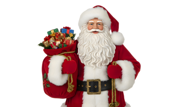 Santa Claus Figurine Holding Gift Sack Isolated on transparent Background