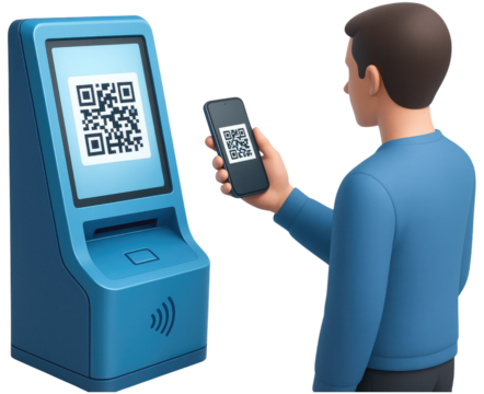 Man Using Smartphone to Scan QR Code on a Kiosk mobile scanning isolated on a transparent background