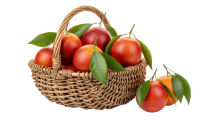 Fresh blood oranges in a woven basket, close-up, with green leaves, isolated on a white background