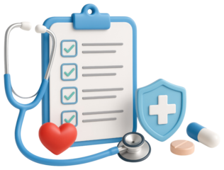 Medical Clipboard with Stethoscope Heart and Shield on White Background healthcare checklist isolated on a transparent background