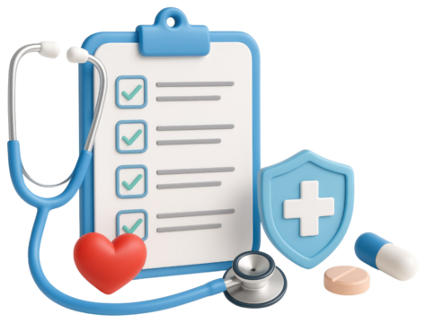 Medical Clipboard with Stethoscope Heart and Shield on White Background healthcare checklist isolated on a transparent background