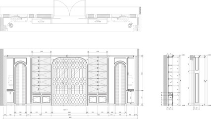 Interior Design Drawing of Curved Wall and Double-Door Cabinet with Classic Luxury Showcase, Including Full Construction Detail Set