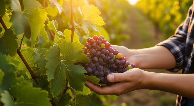 Manos de un agricultor vendimiando en el campo con un racimo de uvas maduras en un vi&ntilde;edo con luz de atardecer durante la vendimia