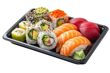 Sushi tray rolls, nigiri, diverse toppings, vibrant colors